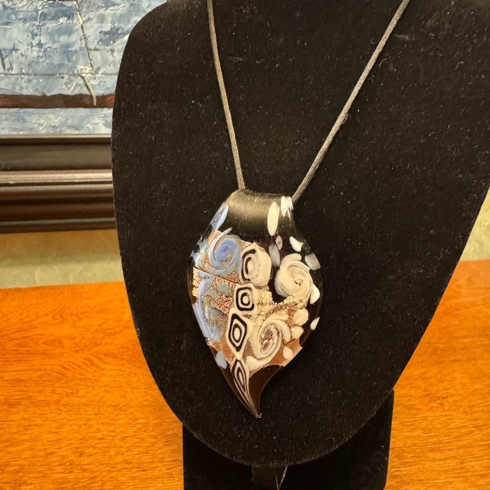 Murano Black Glass Pendant Necklace with White and Blue Accents